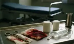 Metallischer Operationstisch mit blutigen Kompressen, Schere, Verbandsrollen und Infusionsbeutel, unscharfe Liege im Hintergrund.