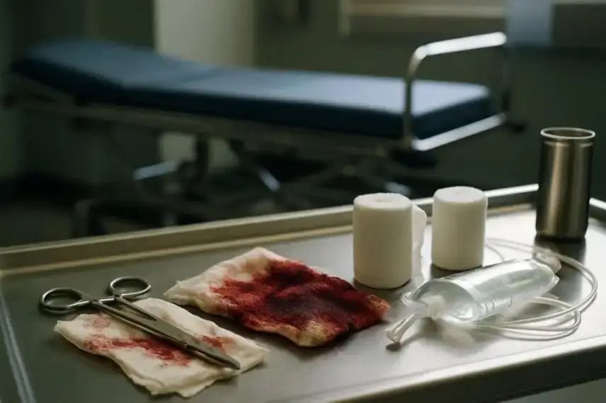 Metallischer Operationstisch mit blutigen Kompressen, Schere, Verbandsrollen und Infusionsbeutel, unscharfe Liege im Hintergrund.