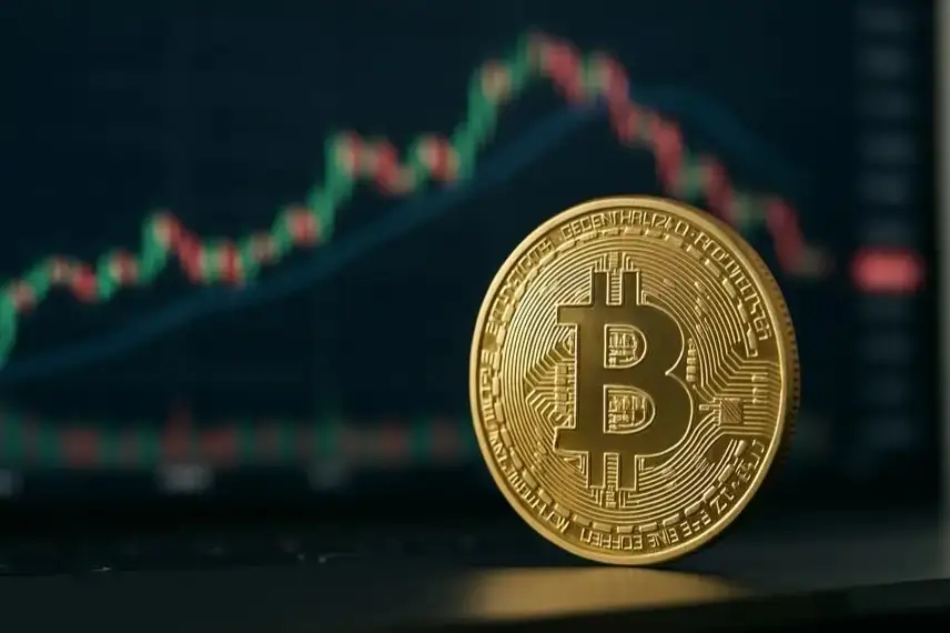 Goldene Bitcoin-Münze in Nahaufnahme vor einem unscharfen Hintergrund mit Börsencharts.