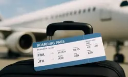 Boardingpass auf einem Koffer vor einem unscharfen Flugzeug am Flughafen.