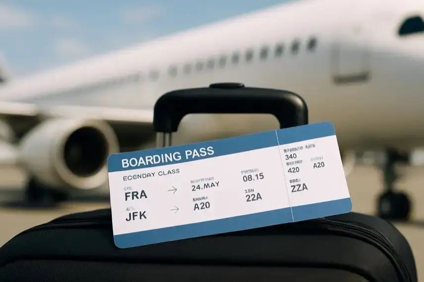 Boardingpass auf einem Koffer vor einem unscharfen Flugzeug am Flughafen.