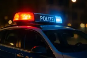 Deutscher Streifenwagen mit aktiviertem Blaulicht, fotografiert bei Nacht in Nahaufnahme.