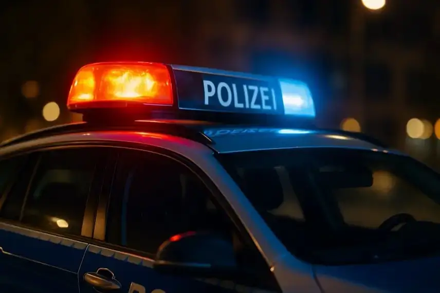 Deutscher Streifenwagen mit aktiviertem Blaulicht, fotografiert bei Nacht in Nahaufnahme.