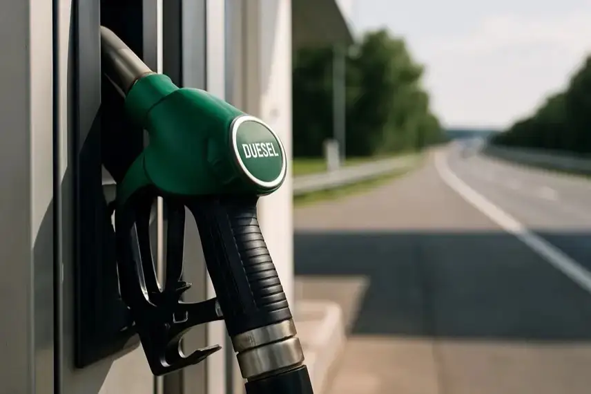 Grüne Diesel-Zapfpistole steckt in einer Tanksäule, im Hintergrund eine unscharfe Straße bei Tageslicht.