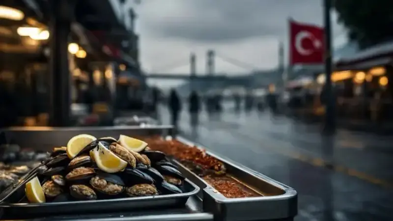 Gefüllte Muscheln, Kumpir und weitere türkische Street-Food-Gerichte auf weißen Tellern, fotografiert in Nahaufnahme auf einer Edelstahlfläche.