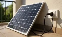 Solarmodul auf einem Balkon, das per schwarzem Kabel in eine weiße Steckdose eingesteckt ist.