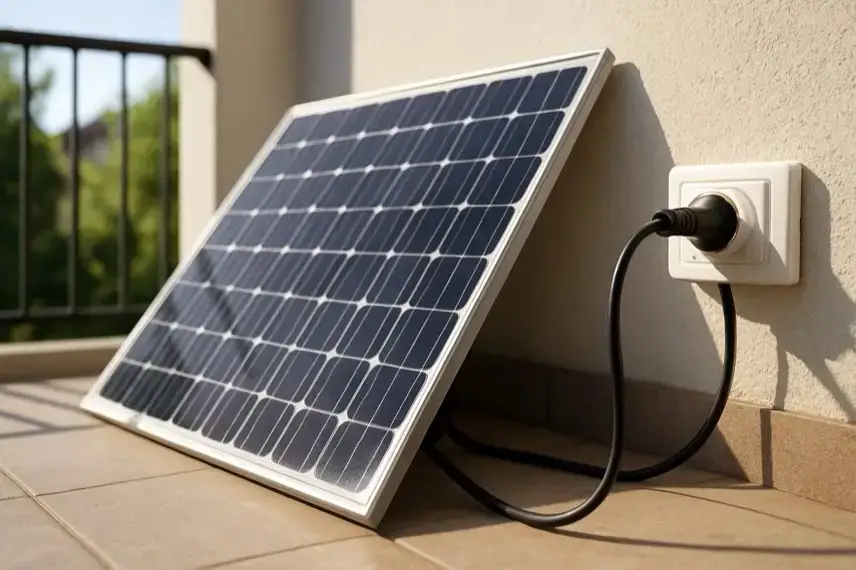 Solarmodul auf einem Balkon, das per schwarzem Kabel in eine weiße Steckdose eingesteckt ist.