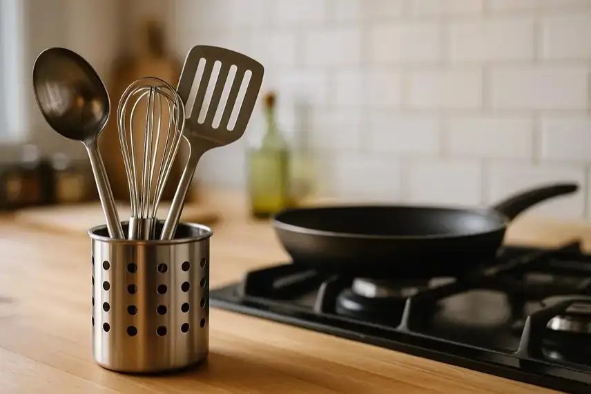 Küchenutensilien in einem Metallhalter neben einer Pfanne auf einem Herd in einer modernen Küche.