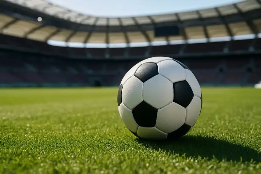 Schwarz-weißer Fußball auf grünem Rasen in einem leeren Stadion mit unscharfem Hintergrund.