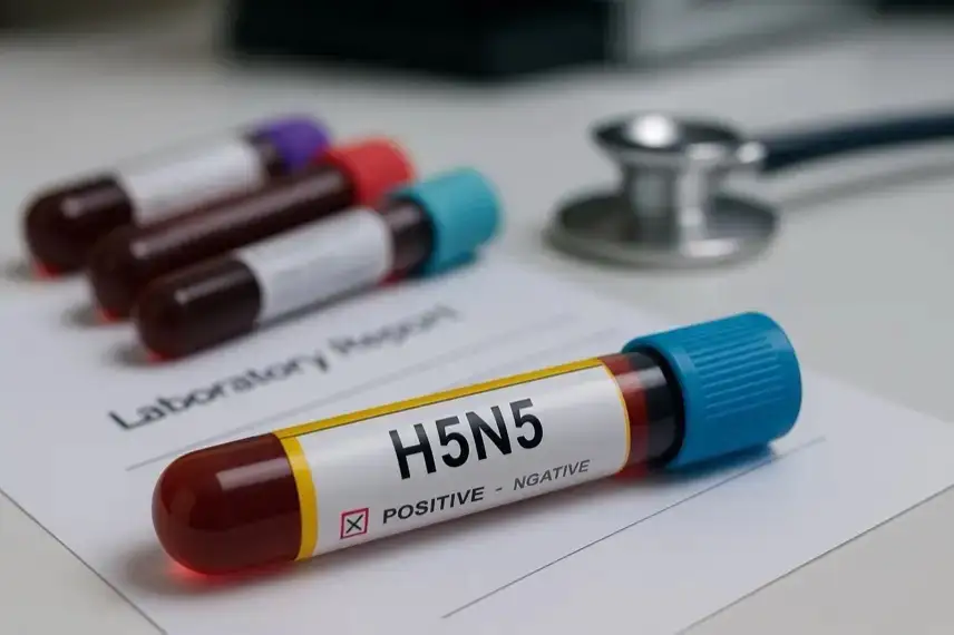 Blutröhrchen mit H5N5-Kennzeichnung auf einem Labordokument, im Hintergrund weitere Proben und ein Stethoskop.