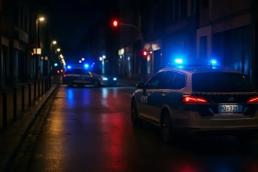 Polizeifahrzeuge mit eingeschaltetem Blaulicht stehen nachts auf einer leeren, nassen Stadtstraße.