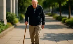 Älterer Mann mit Gehstock, der über einen sonnigen Gehweg läuft.