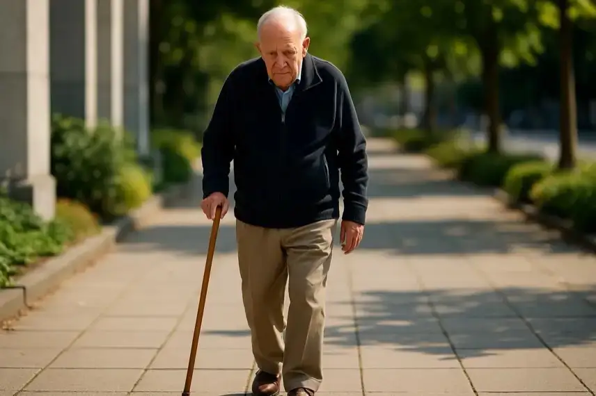 Älterer Mann mit Gehstock, der über einen sonnigen Gehweg läuft.