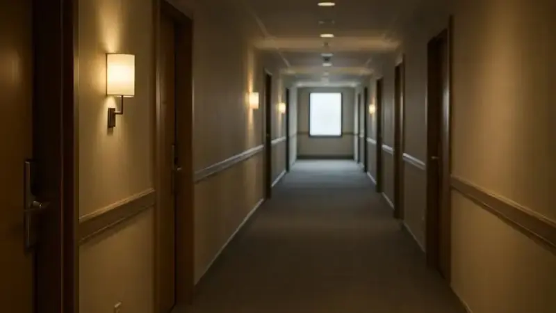 Heller, leerer Hotelflur mit Türen auf beiden Seiten und einem Fenster am Ende des Gangs.