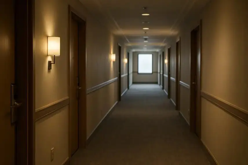 Heller, leerer Hotelflur mit Türen auf beiden Seiten und einem Fenster am Ende des Gangs.