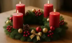 Fotorealistischer Adventskranz mit vier roten Kerzen, Tannenzweigen, Beeren, Kugeln und Zapfen auf einem Holztisch.