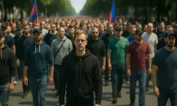 Große Menschenmenge demonstriert auf einer Straße, vorne ein Mann in schwarzem Hoodie, dahinter viele weitere Personen und Fahnen, tagsüber aufgenommen.