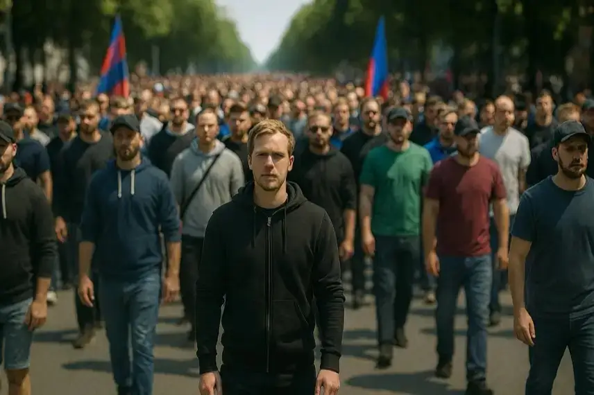 Große Menschenmenge demonstriert auf einer Straße, vorne ein Mann in schwarzem Hoodie, dahinter viele weitere Personen und Fahnen, tagsüber aufgenommen.