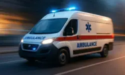 Krankenwagen fährt schnell auf einer Straße, Bewegungsunschärfe im Hintergrund, Blaulicht eingeschaltet.