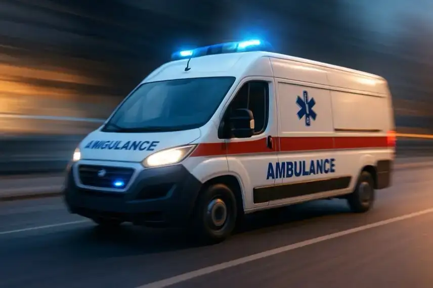 Krankenwagen fährt schnell auf einer Straße, Bewegungsunschärfe im Hintergrund, Blaulicht eingeschaltet.