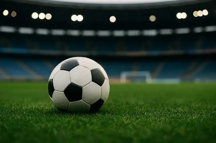Ein klassischer schwarz-weißer Fußball liegt auf einem Rasen in einem leeren Stadion mit unscharfem Hintergrund.