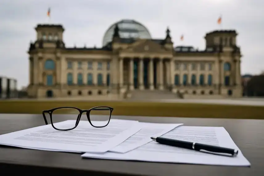 Dokumente, Brille und Stift auf einem Tisch mit unscharfem Reichstagsgebäude im Hintergrund.