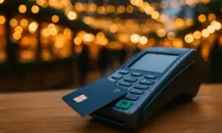 Kartenzahlgerät mit eingesteckter Karte auf Holztisch, im Hintergrund verschwommene Weihnachtsmarktbeleuchtung.