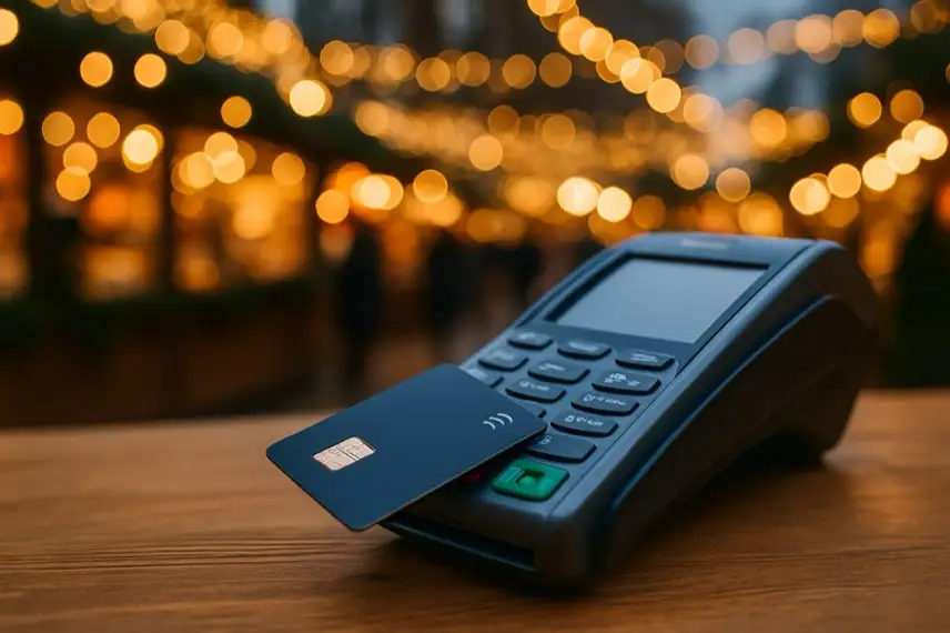 Kartenzahlgerät mit eingesteckter Karte auf Holztisch, im Hintergrund verschwommene Weihnachtsmarktbeleuchtung.