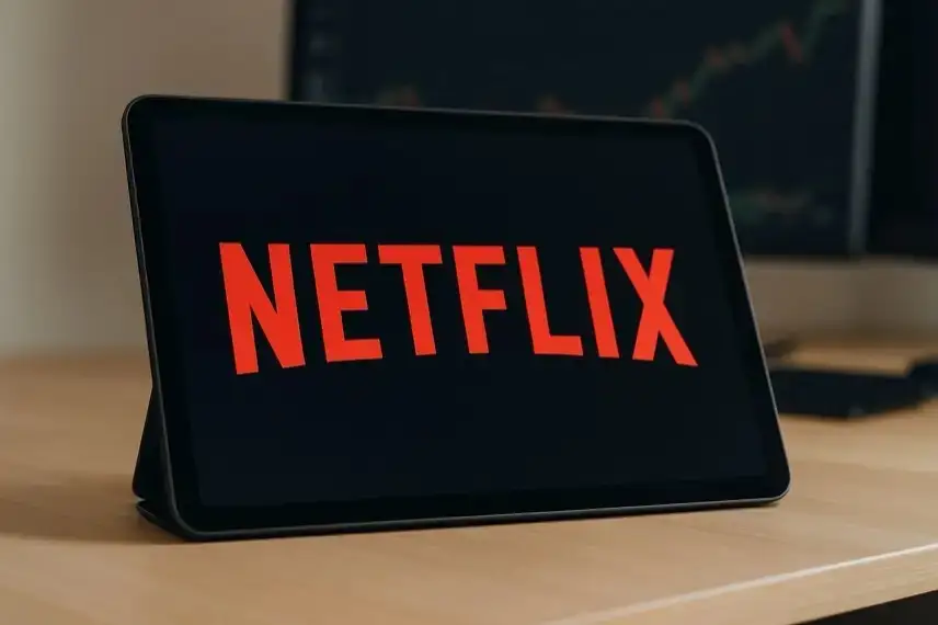 Tablet auf einem Schreibtisch mit großem roten Netflix-Schriftzug auf dem Display, im Hintergrund verschwommene Börsengrafiken.