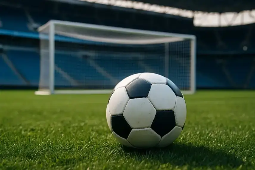 Fußball auf Rasen, im Vordergrund scharf fokussiert, im Hintergrund ein unscharfes Tor in einem leeren Stadion.