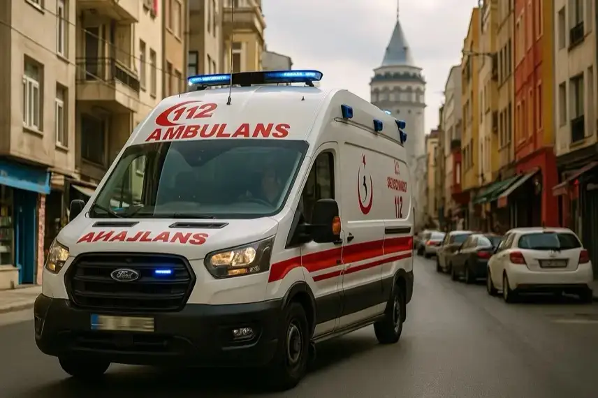 Türkischer Krankenwagen fährt bei Tageslicht durch eine enge Straße in Istanbul, umgeben von Wohnhäusern und Autos.