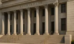 Außenaufnahme eines großen neoklassizistischen Gerichtsgebäudes mit Säulen und breiter Treppe.