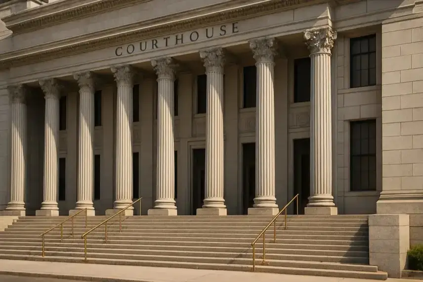 Außenaufnahme eines großen neoklassizistischen Gerichtsgebäudes mit Säulen und breiter Treppe.