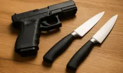 Schwarze Pistole und zwei Küchenmesser liegen nebeneinander auf einer Holzoberfläche.