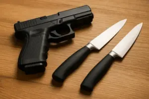 Schwarze Pistole und zwei Küchenmesser liegen nebeneinander auf einer Holzoberfläche.