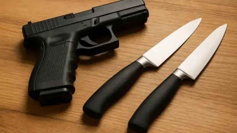 Schwarze Pistole und zwei Küchenmesser liegen nebeneinander auf einer Holzoberfläche.
