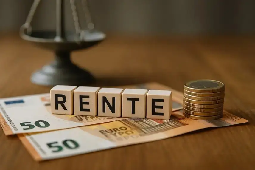 Holzwürfel mit dem Wort „Rente“ auf Euro-Scheinen, daneben gestapelte Münzen und eine unscharfe Waage im Hintergrund.