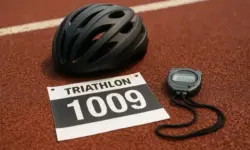 Schwarzer Fahrradhelm, Stoppuhr und Startnummer „1009“ liegen auf einer roten Laufbahn.