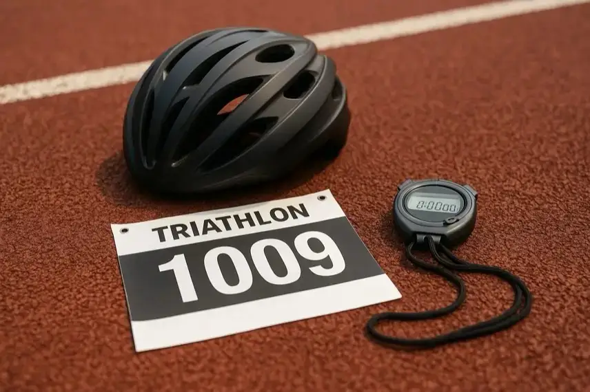 Schwarzer Fahrradhelm, Stoppuhr und Startnummer „1009“ liegen auf einer roten Laufbahn.