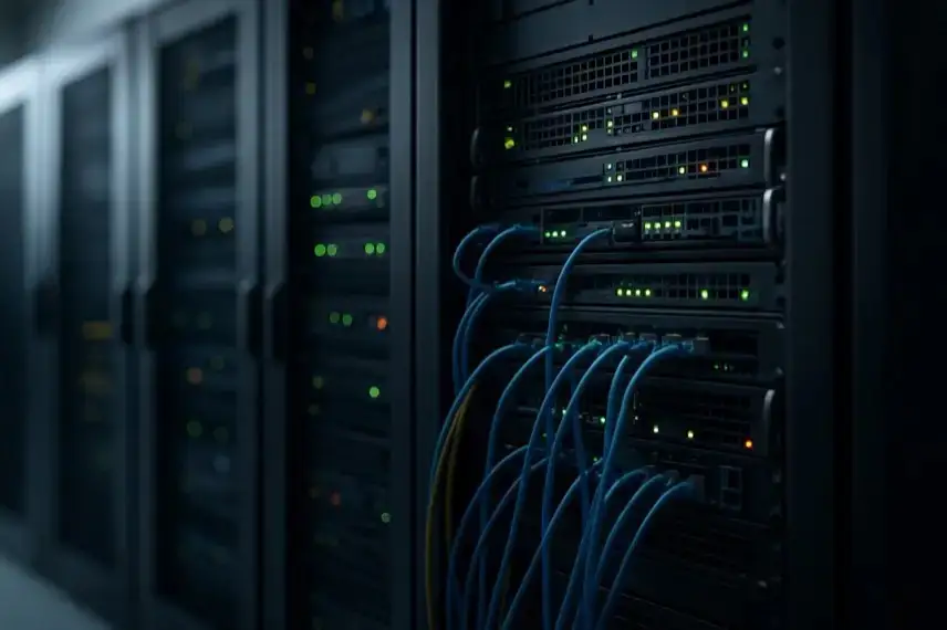 Serverracks mit Netzwerkgeräten und blauen Kabeln in einem Rechenzentrum.