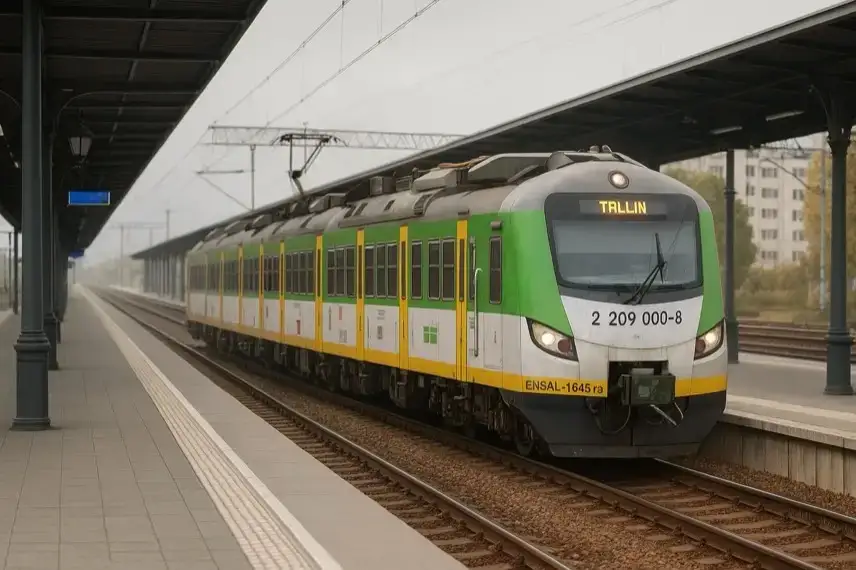 Moderner grüner Regionalzug steht an einem leeren Bahnhof auf geraden Gleisen unter einem überdachten Bahnsteig.
