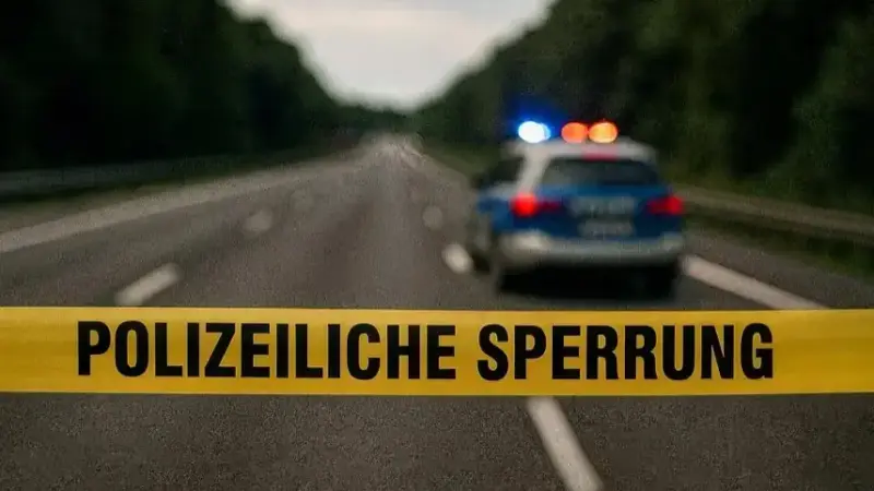 Gelbes Polizei-Absperrband auf einer leeren Autobahn, im Hintergrund ein unscharfes Polizeifahrzeug mit eingeschalteten Blaulichtern.