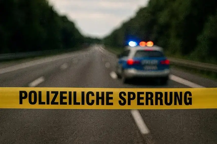 Gelbes Polizei-Absperrband auf einer leeren Autobahn, im Hintergrund ein unscharfes Polizeifahrzeug mit eingeschalteten Blaulichtern.