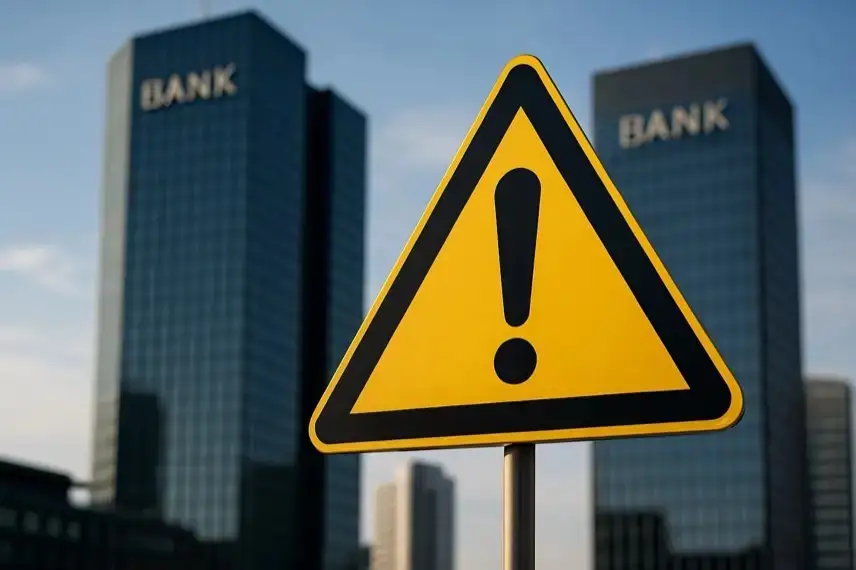 Gelbes Warnschild mit Ausrufezeichen vor zwei unscharfen, hohen Bankgebäuden im Hintergrund.