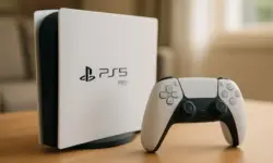 PlayStation-5-Pro-Konsole und DualSense-Controller auf einem Holztisch in heller, fotorealistischer Studioaufnahme.