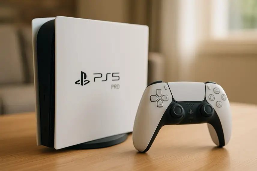 PlayStation-5-Pro-Konsole und DualSense-Controller auf einem Holztisch in heller, fotorealistischer Studioaufnahme.