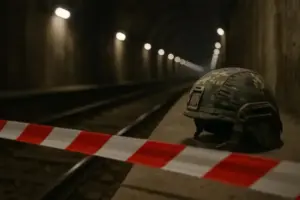 Militärhelm in Tarnmuster liegt neben Absperrband auf einem Bahnsteig in einem U-Bahntunnel, Schienen und Lichter verlaufen unscharf in die Tiefe.