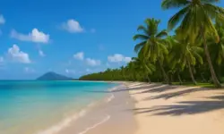 Mauritius: Tropischer Strand mit türkisfarbenem Wasser, hellem Sand und Palmen unter blauem Himmel.