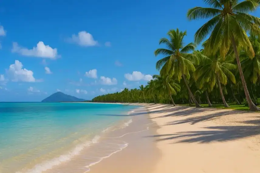 Mauritius: Tropischer Strand mit türkisfarbenem Wasser, hellem Sand und Palmen unter blauem Himmel.