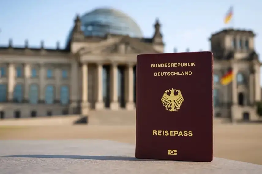 Deutscher Reisepass im Vordergrund vor dem unscharfen Berliner Reichstagsgebäude bei Tageslicht.